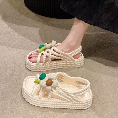 凉鞋女2023夏软妹风花朵露趾踩屎感一脚蹬度假海边沙滩甜美罗马鞋商品大图