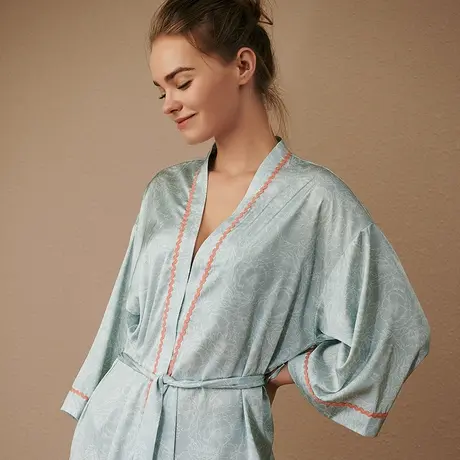 夏娃的诱惑春夏薄款家居服法式宽袖系带女士睡衣仿真丝印花睡袍图片