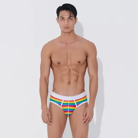 【拍3件109】Asianbum男丝滑弹力凸性感彩虹条纹低腰包臀三角内裤商品大图