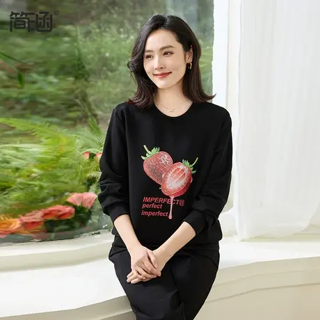 圆领卫衣女简涵大码女装2024春季新款时尚休闲宽松印花长袖上衣图片