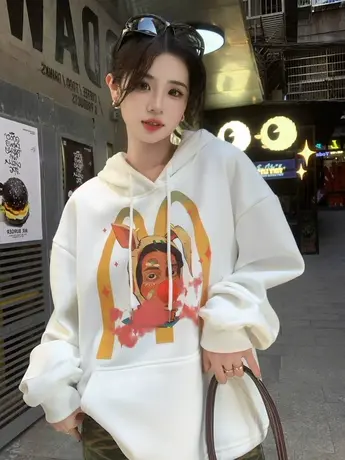 春秋款大码女装印花美式复古连帽卫衣胖mm显瘦宽松上衣服2-300斤图片