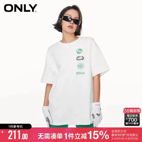 ONLY2023秋季新款时尚运动风刺绣圆领宽松落肩袖T恤女|123201084商品大图