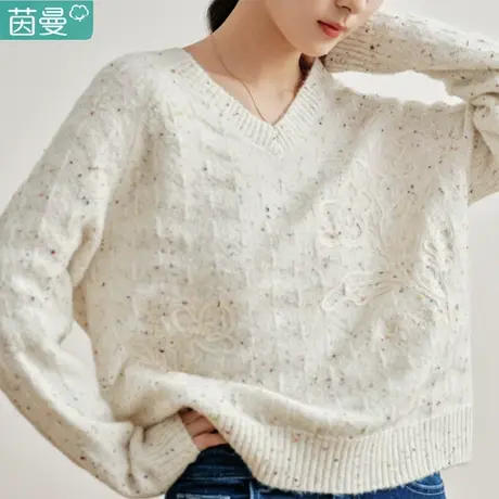 茵曼旗舰店毛衣2024春女装新款v领宽松慵懒风长袖保暖短款上衣商品大图