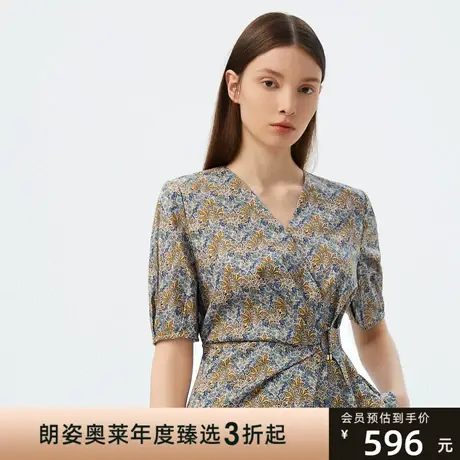 朗姿夏季法式V领植物印花收腰通勤风女式衬衫商场同款图片