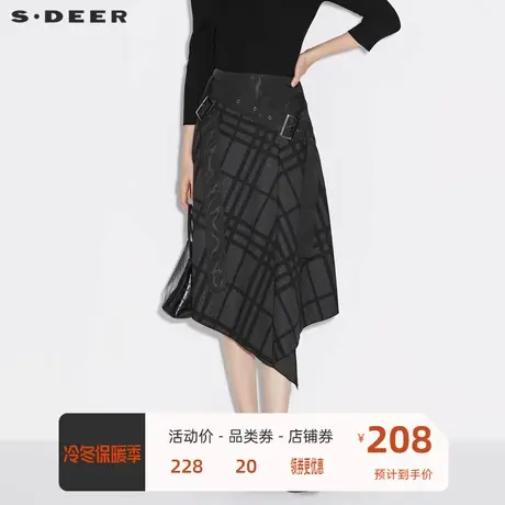 sdeer圣迪奥女装个性腰带拼接不规则撞色格纹长裙S21381107图片