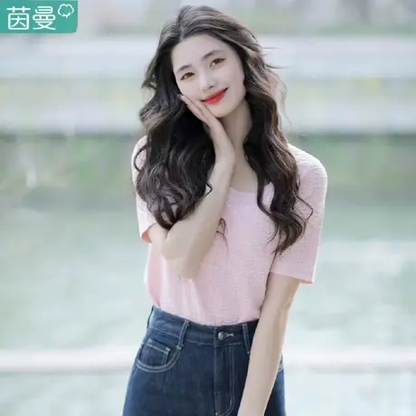 茵曼旗舰店法式镂空方领针织衫女士2023夏季新款宽松舒适短袖上衣图片