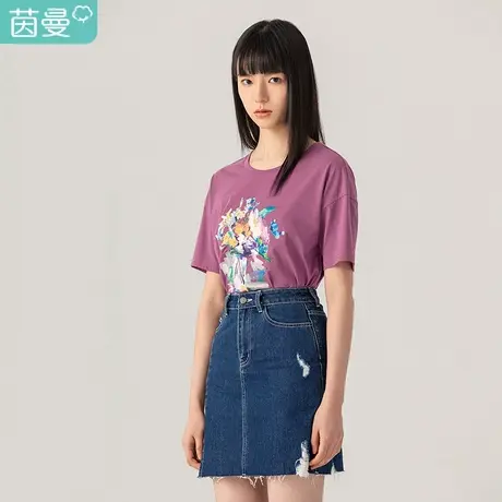 【商场同款】茵曼2023夏装新款圆领落肩花卉涂鸦风冰氧吧宽松T恤商品大图