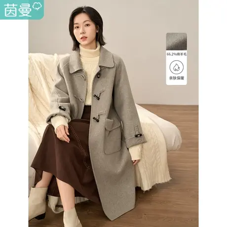 茵曼绵羊毛牛角扣大衣女士2023年冬季新款宽松中长款毛呢外套上衣图片