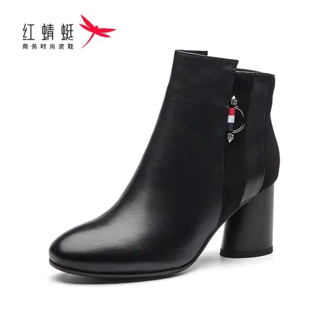 红蜻蜓女鞋女靴加绒真皮保暖粗跟时尚休闲百搭时装靴侧拉链短筒靴图片