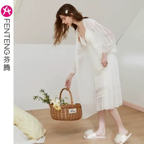 芬腾睡裙女春夏季薄款透气蕾丝吊带长裙带胸垫睡衣家居睡袍两件套商品大图
