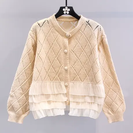 网纱拼接镂空菱格针织开衫女2023春装新款宽松慵懒风软糯毛衣外套图片