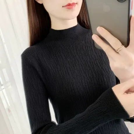 黑色毛衣内搭女秋冬2022新款修身针织衫长袖短款半高领打底衫洋气商品大图