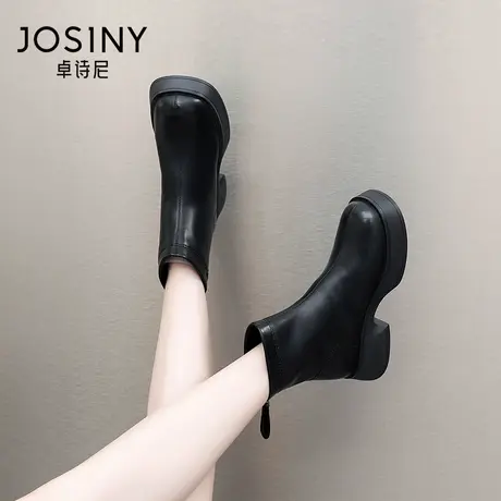 卓诗尼2023秋冬新款粗跟厚底女靴时尚后拉链短筒靴潮流显瘦时装靴商品大图