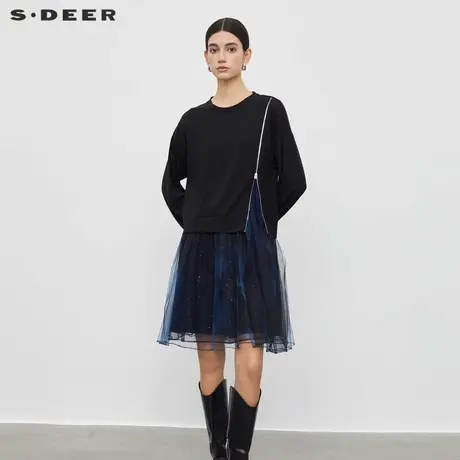 sdeer圣迪奥女装圆领开叉晕染网纱卫衣连衣裙S233Z12E5图片