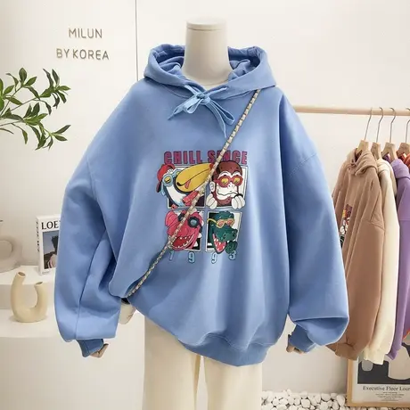 2021秋冬款韩国东大门chic复古港风恐龙连帽加绒卫衣包臀大码紫色商品大图