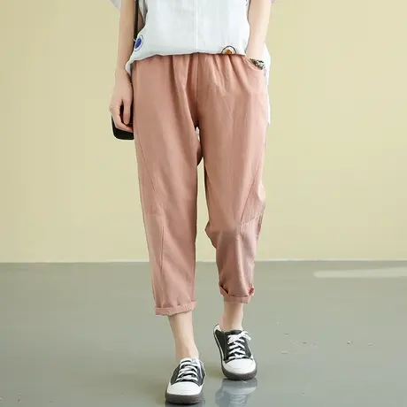 dza复古文艺 棉麻裤子女宽松亚麻直筒裤春秋季新款百搭休闲九分裤图片