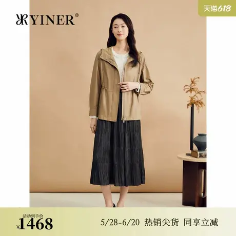 YINER音儿专选秋季法式抽绳连帽小羊皮真皮皮衣夹克外套图片