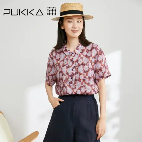 蒲PUKKA 短袖衬衫女2023夏季新款原创设计感苎麻印花别致上衣图片