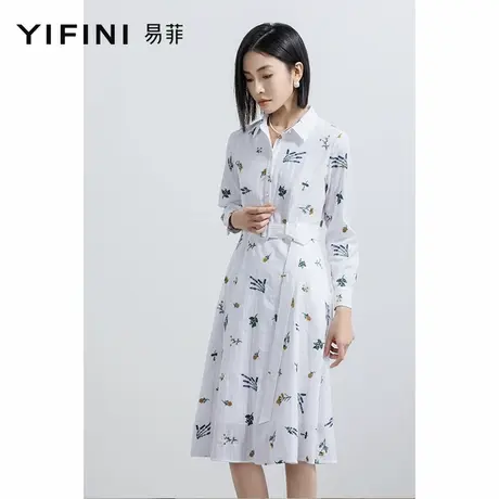 Yifini/易菲绣花提花衬衫裙女春秋新款长袖翻领中长款连衣裙图片