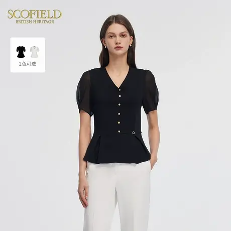 Scofield女装复古优雅V领泡泡袖收腰短袖针织衫T恤夏季上衣商品大图