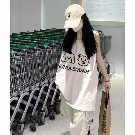 纯棉港风吊带坎肩背心无袖t恤女夏外穿高级感宽松篮球服挂脖上衣图片