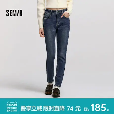 森柔牛仔|商场同款森马牛仔裤女抓毛小脚裤2024冬季新款修身长裤商品大图