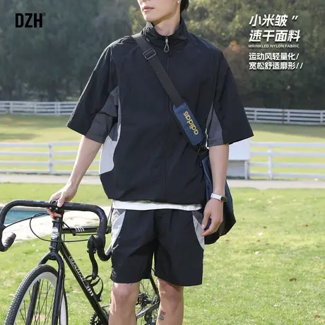青少年黑色户外运动套装男夏季速干短袖衬衫五分裤短裤2025新款潮图片