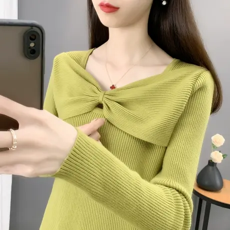 2023秋冬设计感小众女士修身毛衣女新款洋气蝴蝶结针织打底衫上衣图片