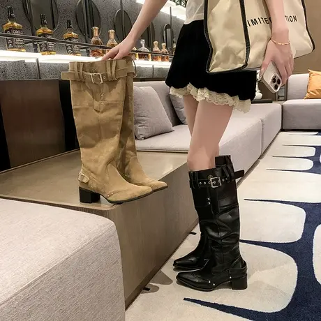 法式尖头长筒靴女2025新款夏季粗跟配裙子显瘦堆堆靴气质百搭靴子图片