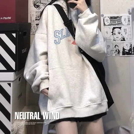 oversize小个子连帽卫衣女港风加绒ulzzang外套大码欧美上衣胖mm图片