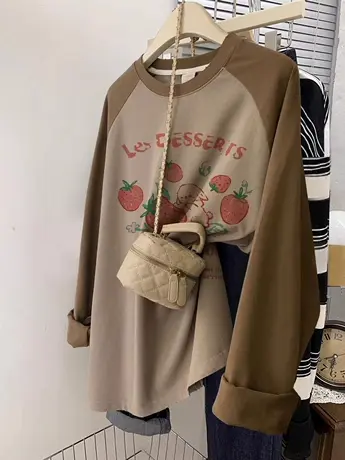 春秋长袖上衣2023新款小众打底衫女大码潮ins美式卡通纯棉内搭T恤商品大图