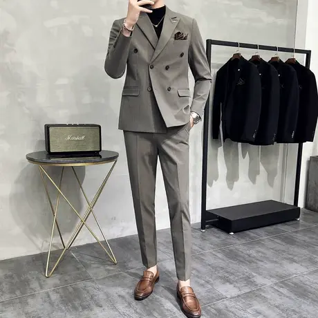 戗驳领条纹西装男春季修身痞帅双排扣休闲大码新郎结婚礼服两件套商品大图