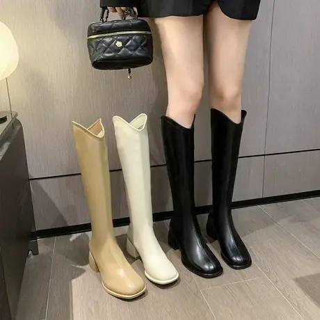 长筒靴女2023年秋冬季新款复古韩系洋气瘦瘦靴粗跟高跟v口骑士靴图片