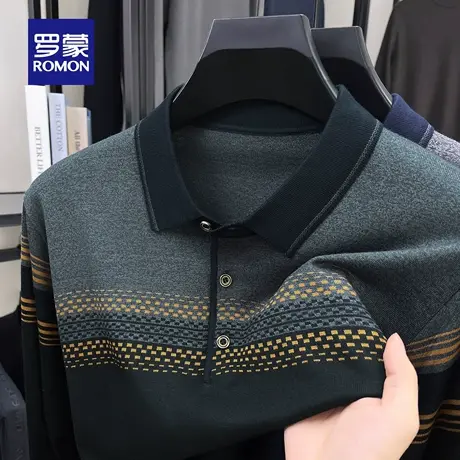 罗蒙男士户外休闲翻领针织衫2025秋季新款中老年爸爸装条纹毛衣男图片