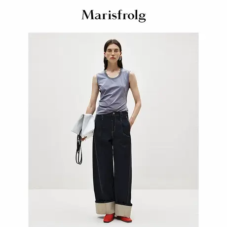 【松弛裤装】Marisfrolg玛丝菲尔春大翻边设计牛仔阔腿裤商品大图