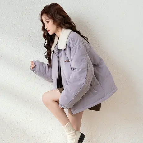 唐狮秋冬季短款棉衣女款翻领羊羔毛拼接加厚面包服保暖时尚2025tu商品大图