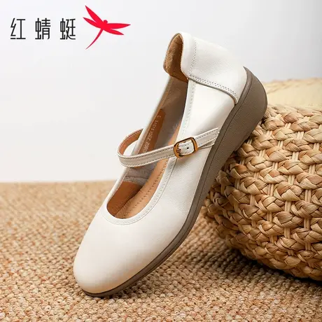 红蜻蜓女鞋2025秋季新款女鞋一字带真皮妈妈鞋平跟软底简约女单鞋商品大图