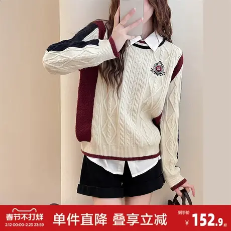 唐狮秋冬学院风撞色设计圆领套头时尚百搭高级感毛衣女小个子图片