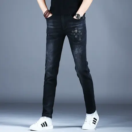 黑色刺绣潮牌牛仔裤男款修身小脚高端男裤秋冬季裤子弹力百搭潮流商品大图