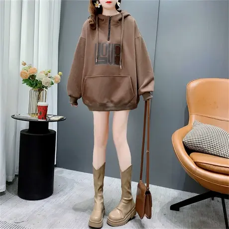 设计感半拉链加绒加厚连帽卫衣女秋冬新款宽松慵懒风洋气休闲外套商品大图