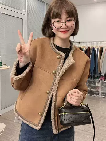 皮毛一体小香风外套女2023冬季新款韩版小个子短款加绒羊羔毛洋气商品大图