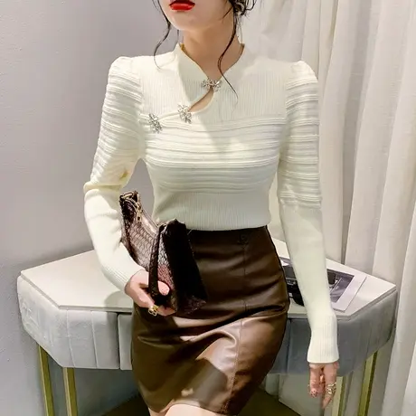 国风立领盘扣针织衫长袖女性感镂空泡泡袖打底衫洋气套头修身毛衣图片