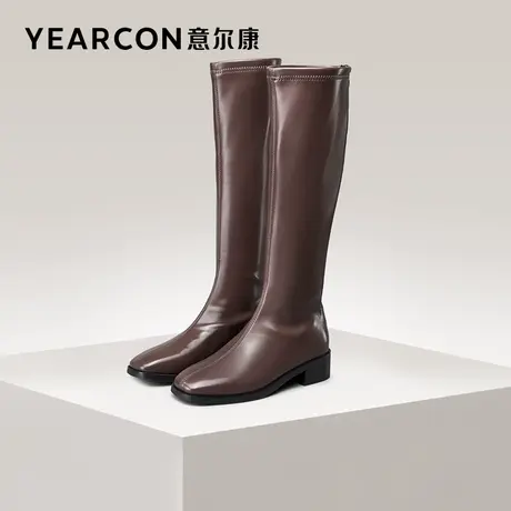 意尔康女鞋冬季加绒长靴不过膝英伦风骑士靴休闲方头皮靴粗跟高筒商品大图