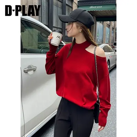 DPLAY2023新氛围感心机镂空不对称露肩红色半高领针织套头毛衣图片