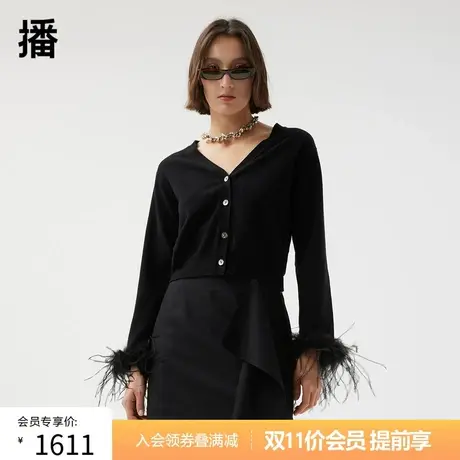 播黑色羊绒针织开衫女商场同款短款小众v领薄款毛衣BDQ3UD0627图片