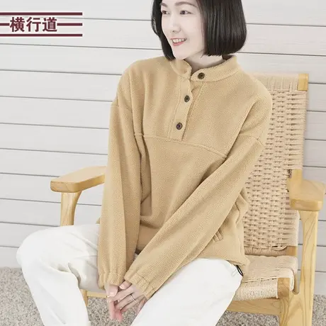 2023冬季新款纯色简约立领宽松加绒长袖卫衣女装保暖上衣大码外穿商品大图