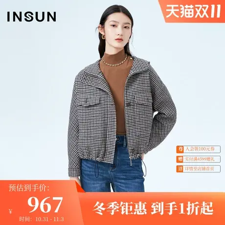 恩裳冬季时尚千鸟格纹工装宽松休闲连帽短款外套女商品大图