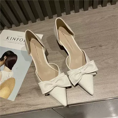 单鞋2023新款春秋尖头细跟蝴蝶结2022白色法式小跟鞋高跟鞋女婚鞋图片