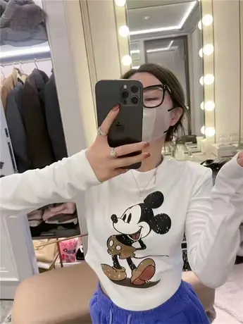 卡通米奇印花垫肩长袖t恤女磨毛加绒短款秋冬紧身内搭打底衫棉ins商品大图