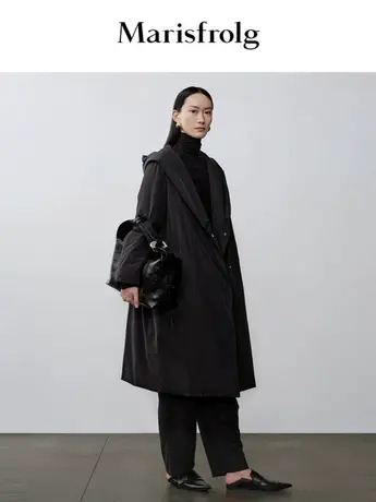 【言选好物】玛丝菲尔年冬季新款白鹅绒黑色长款连帽羽绒服商品大图